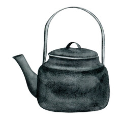 Metal camping kettle. Watercolor cartoon illustration. Isolated clipart element on white background