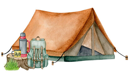 Watercolor hand drawn camping illustration. Tourist tent, backpack, mug, thermos. Isolated clipart element on white background © Катерина Тышковская