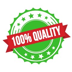 100% QUALITY text on red green ribbon stamp.