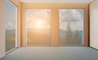 Naklejka premium Furniture set with table, chairs and devices. 3D rendering.. Sunset.