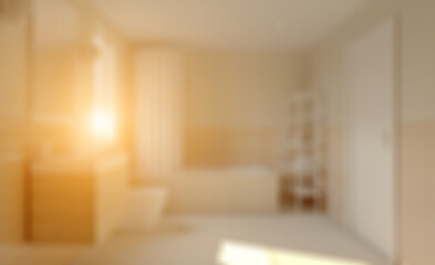 Bokeh blurred phototography. Spacious bathroom in gray tones with heated floors, freestanding