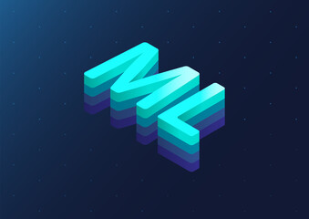 ML 3d isometric text. Machine Learning concept as vector illustration on dark blue background.