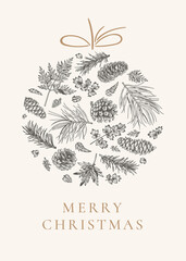 Christmas ball, isolated on white background. New Year card with fir and pine branches, cones. Black and White.