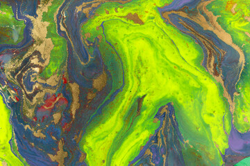 Green and violet marble abstract acrylic background. Vivid artwork texture. Agate ripple pattern.