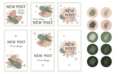 Design backgrounds for social media posts, stories and icons with tropical plants. Green, soft pink and beige  colors. Vector illustration.