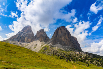 Landscape in the Dolomite Mountains, Italy, in summer, with dramatic storm clouds