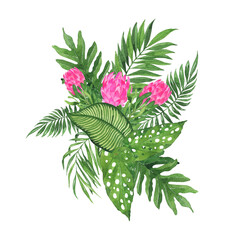 Fototapeta na wymiar Pink protea flowers and green tropical leaves bouquet. Hand drawn watercolor illustration.