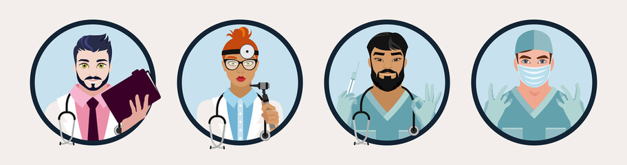 Set of different avatars of a medical worker. Chief physician, therapist, surgeon, otolaryngologist. World medicine concept.