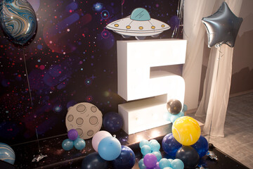 birthday balloons cake candles lights five years