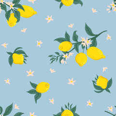 Summer tropical seamless pattern with colorful lemons and flowers.Vector citrus fruits background. Modern exotic floral design for paper, cover, fabric, interior decor and other users.