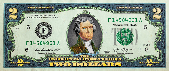 Obverse of 2 US dollar banknote - obrazy, fototapety, plakaty