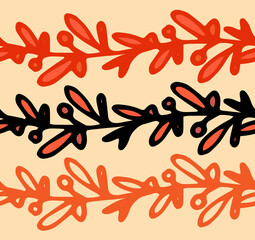 Vector set of seamless templates made of twigs with berries. a set of horizontal stripes, borders, made of an autumn twig drawn in the doodle style with orange leaves and red berries on orange for a d © Анастасия Винтовкина