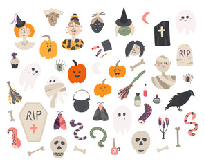 Big set of doodle Halloween illustrations. Cute childish colorful freehand drawings. Clip art for all kinds of decorations.