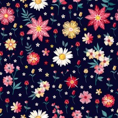 Liberty seamless floral ornament with embroidered tulips, daisies, cinquefoil, bells and fantasy flowers on a dark blue background. Print for fabric.