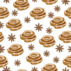 Seamless pattern with cinnamon and cinnamon bun on a white background are isolated. Christmas pattern can be used for seasonal design, gift packaging, postcards, pajamas