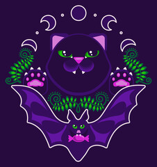 
Vector dark illustration for Halloween. Composition and set of separate cartoon images - cute cat face, paws, bat with candy, moon, night, fern. On a dark blue-purple background. Suitable for prints,