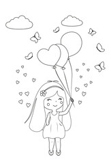 Little cute happy girl holding balloons. Black contour vector illustration isolated on white background for coloring book. Easy printable.