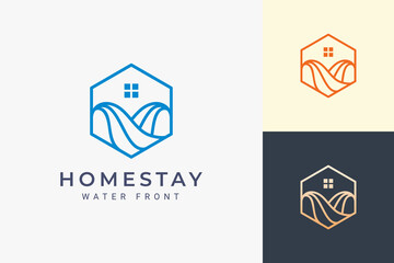 Ocean or waterfront apartment logo in simple line and hexagon shape