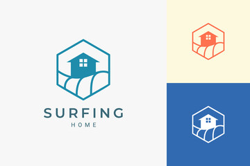 Ocean or beach theme resort logo in simple line and hexagon shape