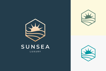 Luxury sun and sea logo in simple and clean hexagon shape