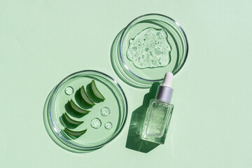 Flat lay of cosmetics serum and and laboratory glassware with fresh leaves of aloe vera on bright...