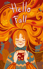 Hello fall, autumn illustration, young girl walking in autumn park and drink hot chocolate, poster