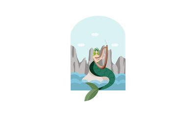 Green hair mermaid on the background of the rocks. Cute Mermaid with harp sits on the rock and sings a song, for, children books, cards.