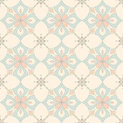 Seamless repeating motif pattern in shades of pastel pink, blue and cream.
