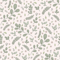 Seamless tossed botanical leaf pattern with small pink flowers and purple sprigs.
