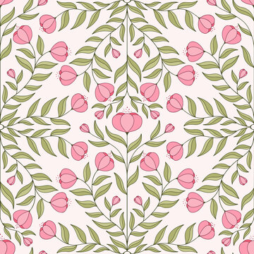 Seamless symmetrical abstract pink floral design on a cream background.
