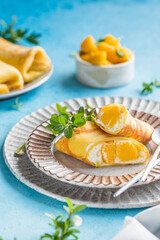 Sticky rice and mango crepe cake roll , .Hong Kong , Thai food style in summer