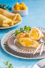 Sticky rice and mango crepe cake roll , .Hong Kong , Thai food style in summer
