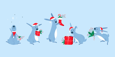 Set of cute rabbits in Christmas caps with gifts. Fluffy hares with spruce branches and gifts. Design for festive decoration. Flat vector illustration.