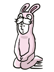 年賀状素材　座るウサギの着ぐるみを着た人物