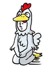 年賀状素材　座るニワトリの着ぐるみを着た人物
