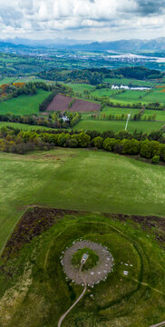 A panorama aerial view over the Cairnpapple Hill burial site in Scotland on a summers day