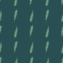 Floral seamless pattern with light green botanical tropic leaves print. Pale blue background. Jungle foliage artwork.