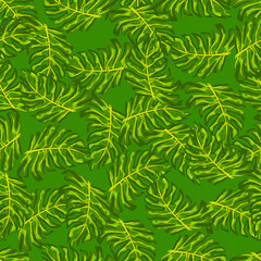 Abstract jungle seamless pattern with doodle monstera leaf elements. Green colored random greenery print.