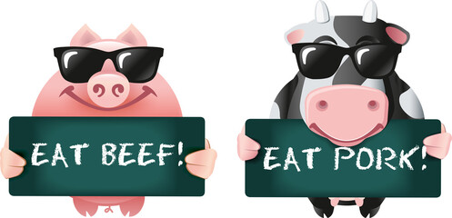 Grafik niedliches Schwein mit Schild Eat beef und Kuh mit Schild Eat Pork