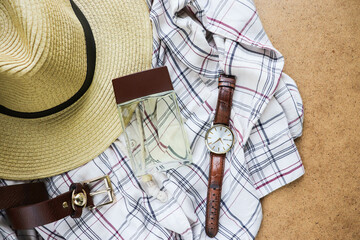 men's fashion and style. trendy male look. men's hat, shirt, men's watch, belt and a bottle of eau de toilette. Men's Accessories