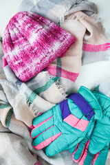 winter time. women's fashion look. warm women's scarf, hat and gloves. women's accessories