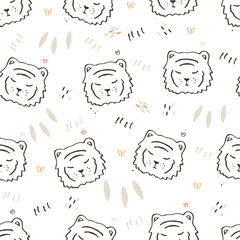 Baby tiger cute seamless pattern. Tiger face vector outline illustration. Tiger doodle pattern. Pattern design for printing on fabric, baby clothes, postcards, wrapping paper, wallpaper.