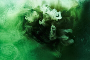 Fototapeta premium Abstract green color background. Swirling vibrant hookah smoke, underwater emerald ocean, dynamic paint in water