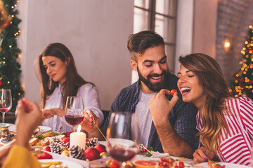 Friends having Christmas dinner at home