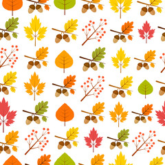Seamless autumn texture with leaves, mountain ash, acorns. For background, wallpaper, fabric, textiles, wrapping paper.