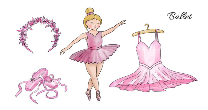 Watercolor hand painted Ballet set. Little Girl Dancer in pink dress. Ballerina with tutu and pointe shoes. Illustration on white isolated background for logo or clip art