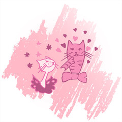 Vector illustration of cats in love for a romantic day. Pictures of cats in vector format for the design of a romantic celebration, postcards, posters, invitations, hot stand, souvenirs.