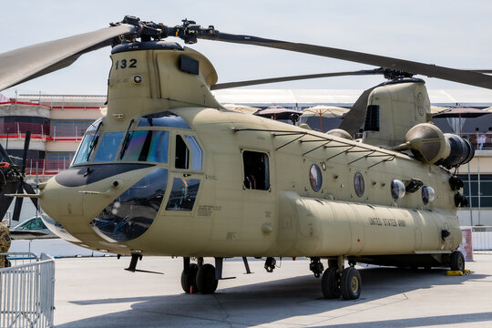 US Army Boeing CH-47F Chinook transport helicopter at the Paris Air Show, France