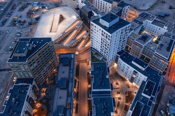 Aerial view of the modern apartment buildings in Helsinki. Modern Nordic Architecture in Finland.