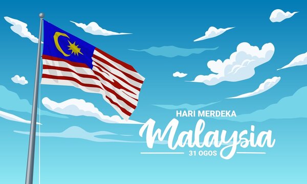 Vector illustration, Malaysian flag fluttering against a blue sky background, with the text "Hari Merdeka Malaysia, 31 Ogos", which means Happy Malaysian Independence Day, 31 August.